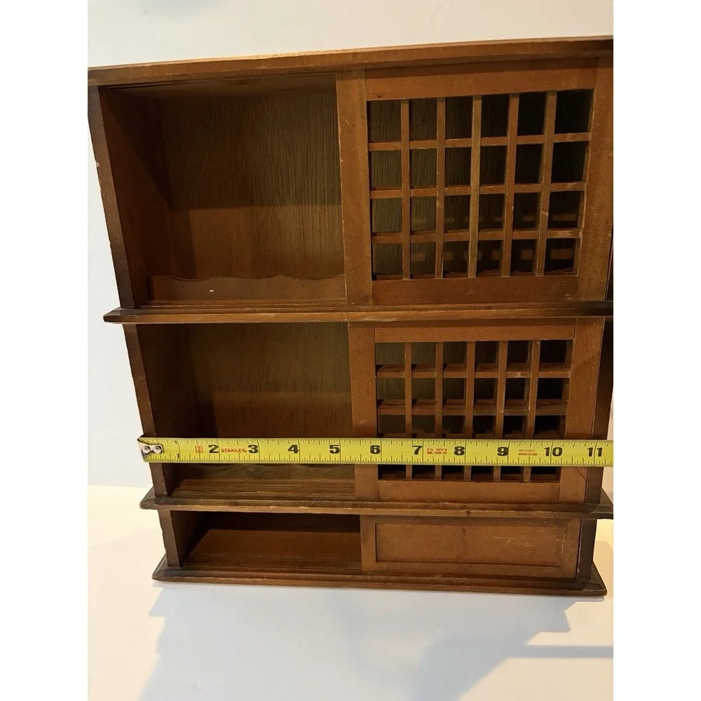 Japanese Tansu Style Display Cabinet Wood Lattice Sliding Doors Shelf